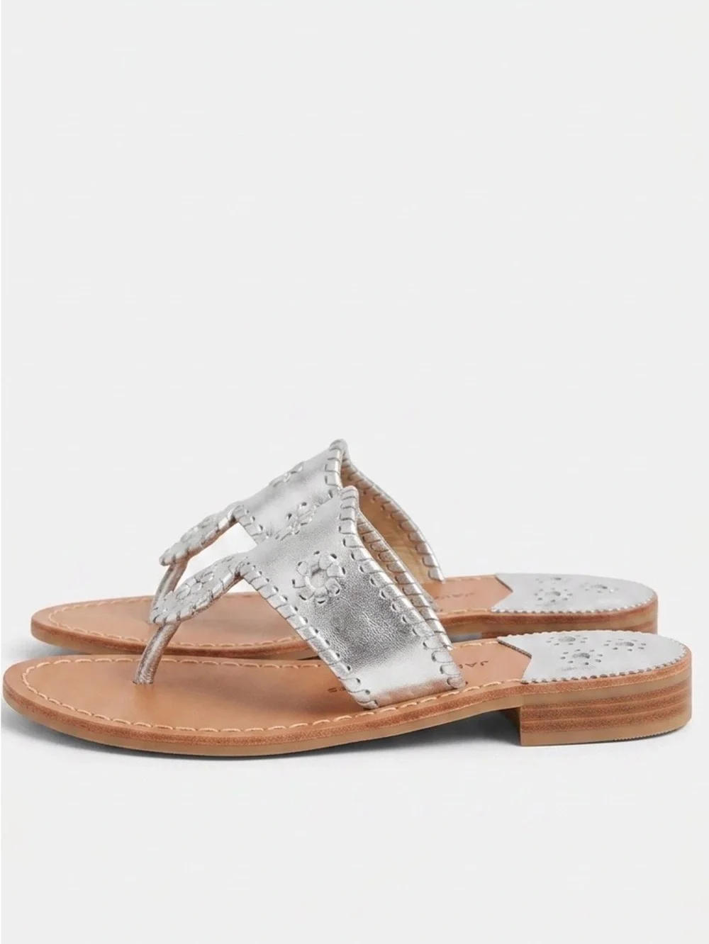 Jack Rogers Silver Leather Thong Sandals with Medallion